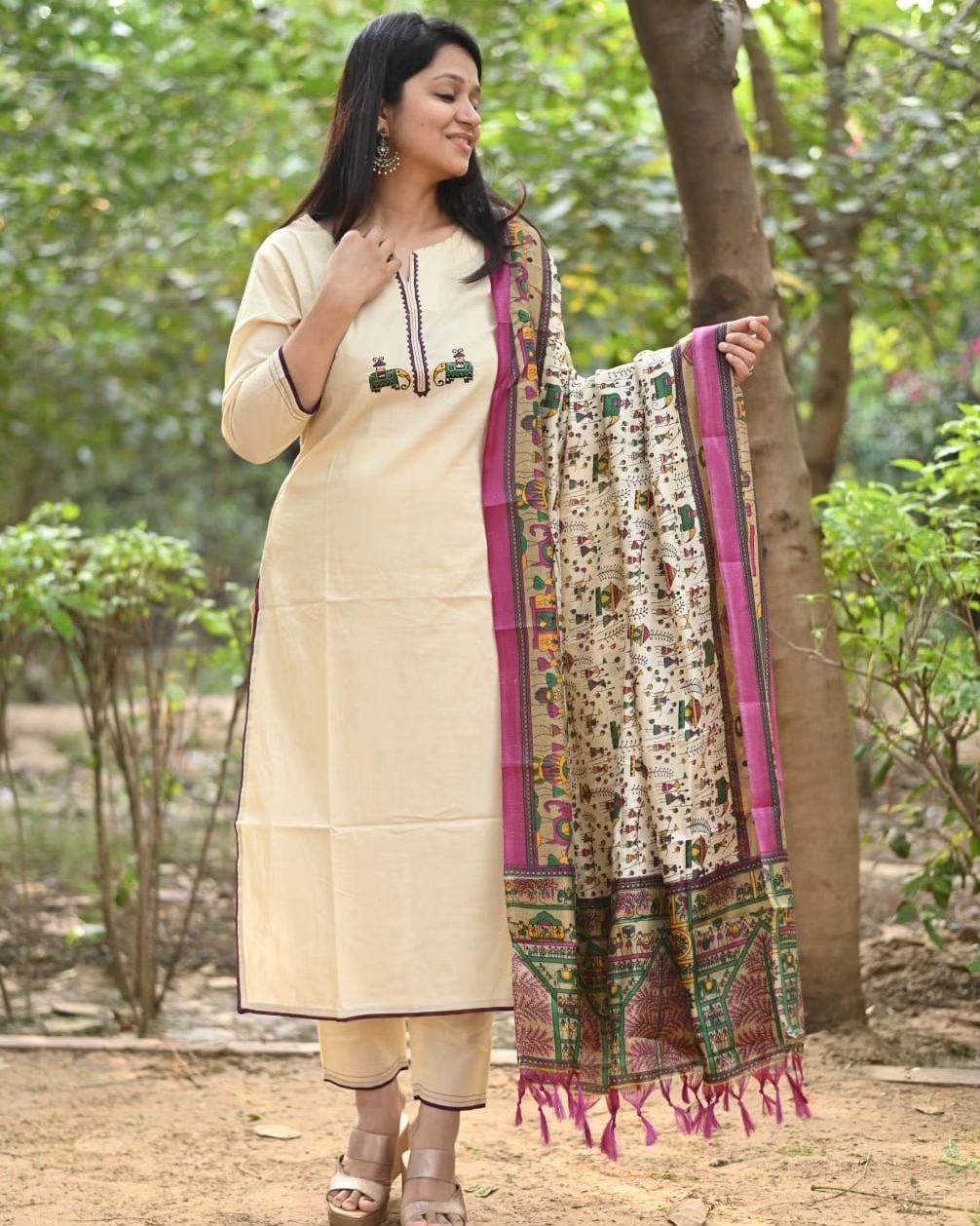 Ivory Cotton Flex Embroidered Kurta Set With Tribal Print Dupatta