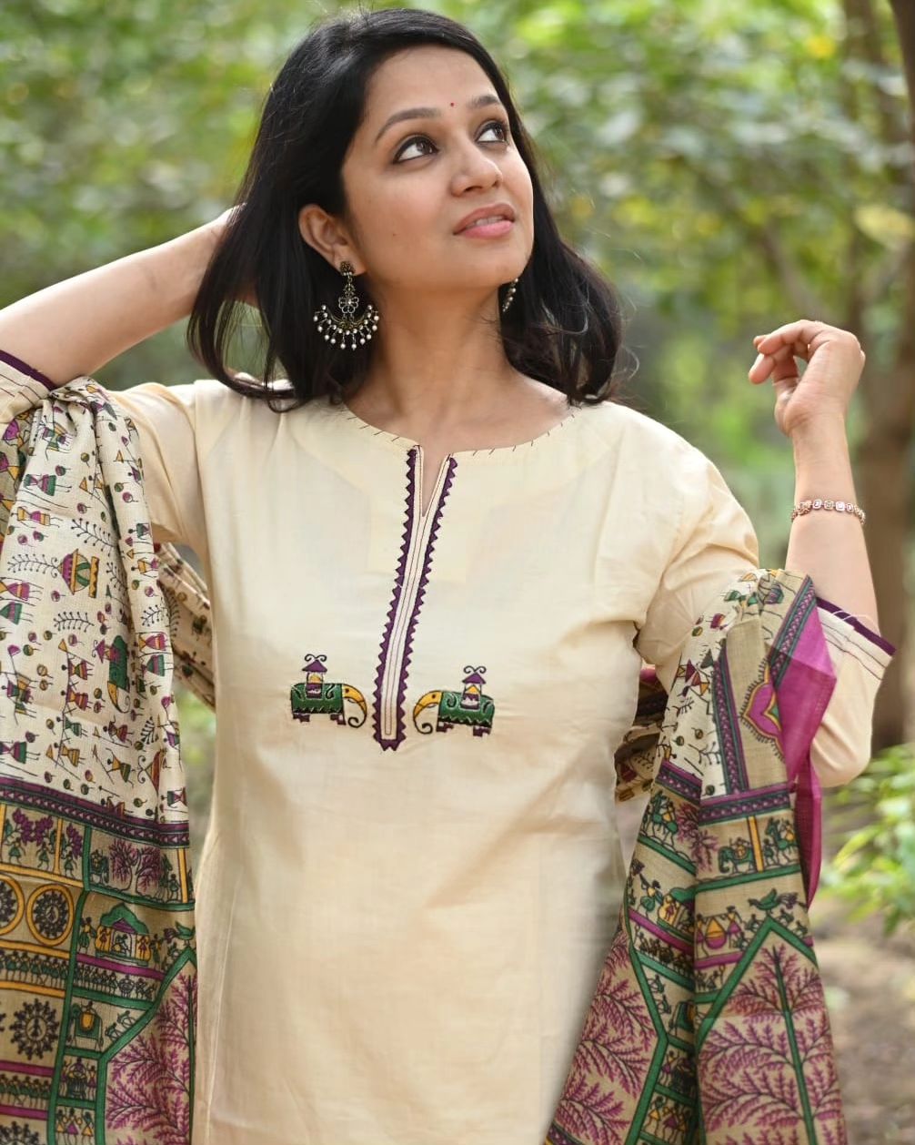 Ivory Cotton Flex Embroidered Kurta Set With Tribal Print Dupatta