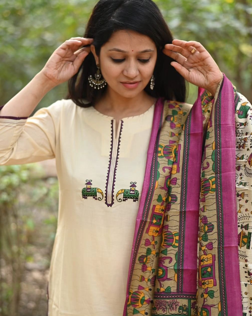 Ivory Cotton Flex Embroidered Kurta Set With Tribal Print Dupatta