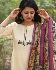 Ivory Cotton Flex Embroidered Kurta Set With Tribal Print Dupatta