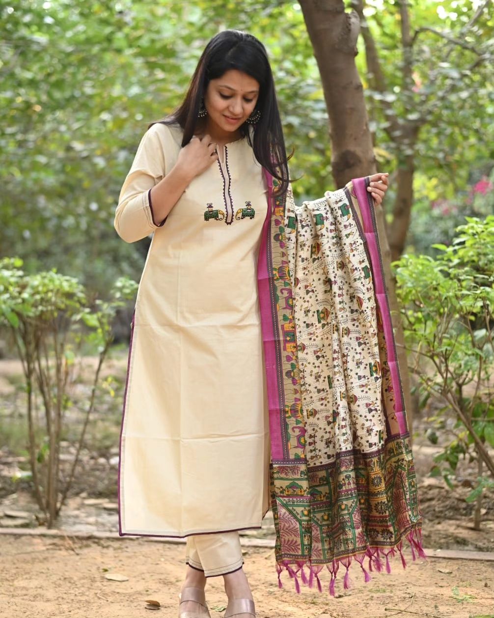 Ivory Cotton Flex Embroidered Kurta Set With Tribal Print Dupatta