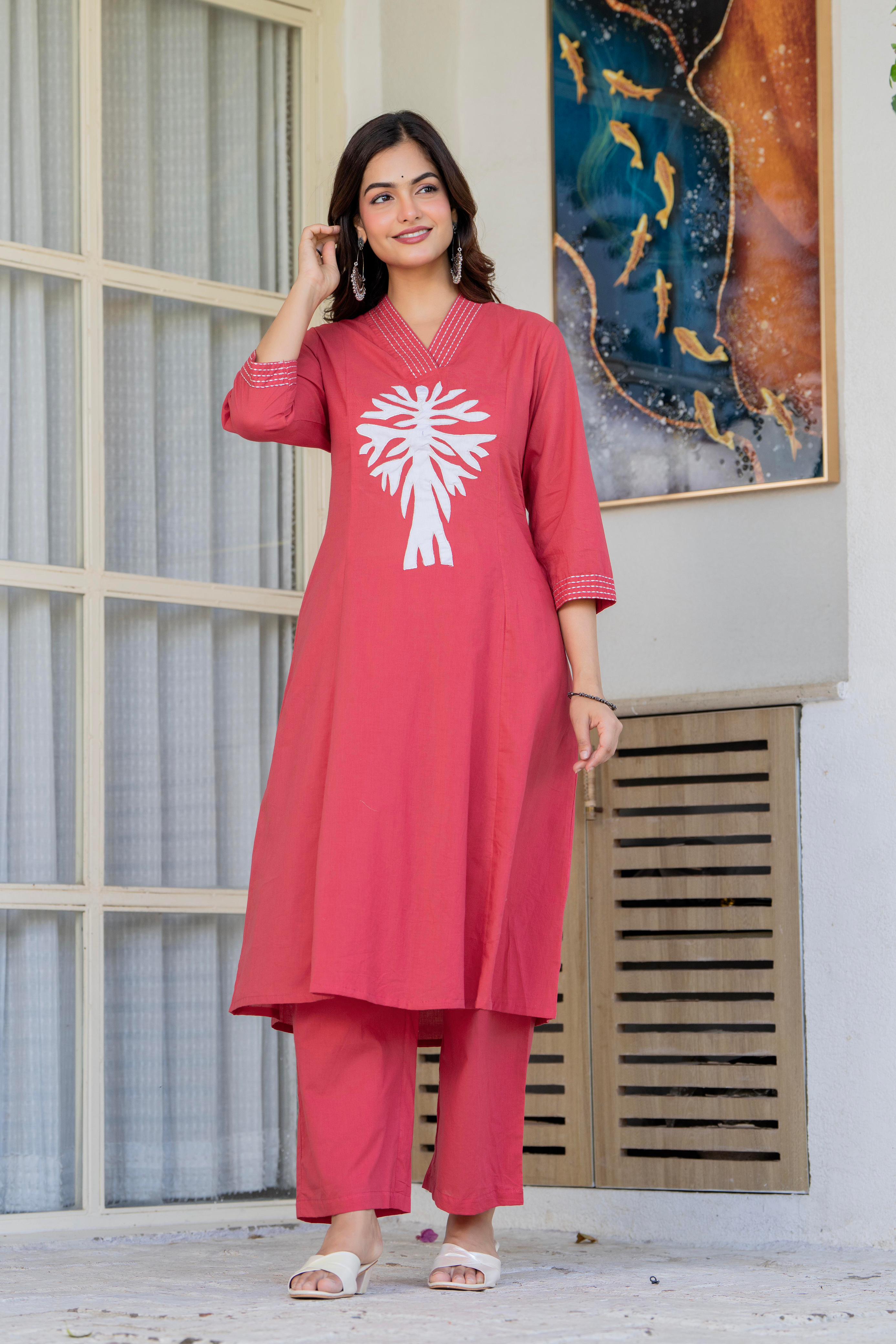 Coral Red Cotton Applique Work Kurta Pant Co-ord Set
