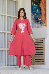 Coral Red Cotton Applique Work Kurta Pant Co-ord Set