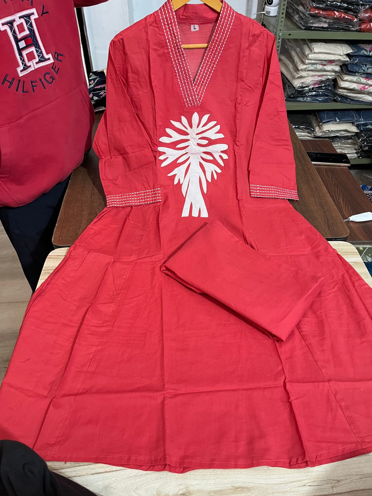 Coral Red Cotton Applique Work Kurta Pant Co-ord Set