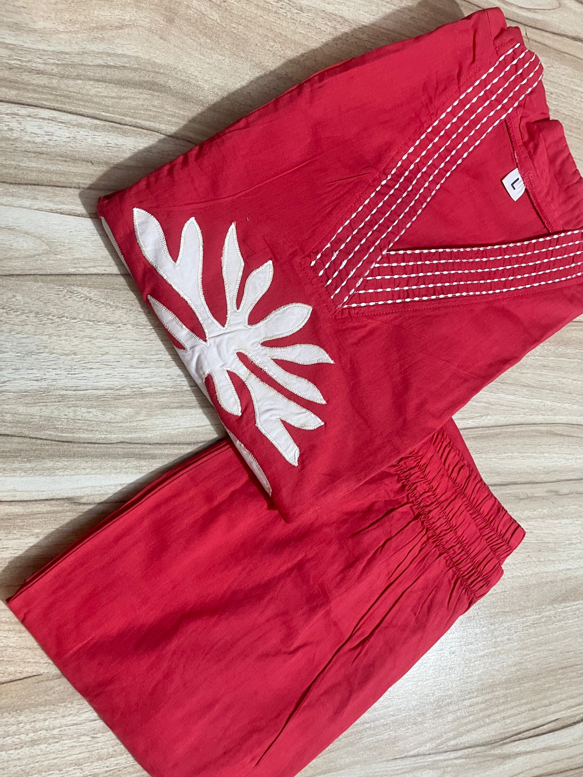 Coral Red Cotton Applique Work Kurta Pant Co-ord Set