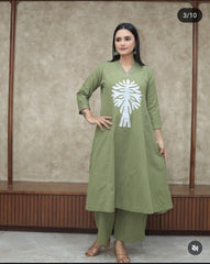Olive Green Cotton Applique Work Co-ord Set