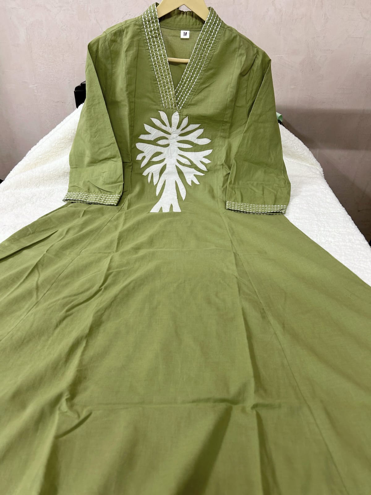 Olive Green Cotton Applique Work Co-ord Set