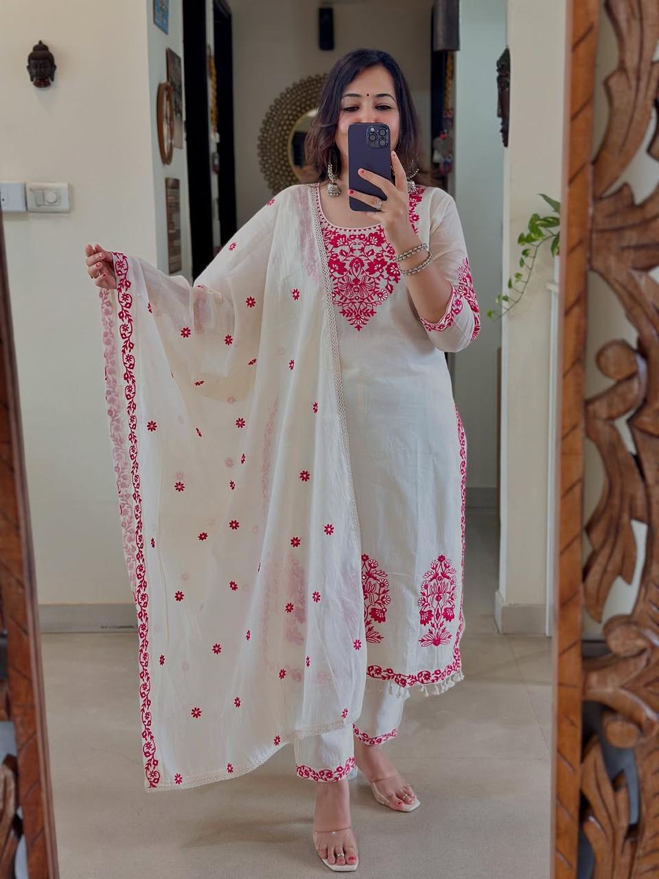 Elegant Cotton Embroidered Suit Set