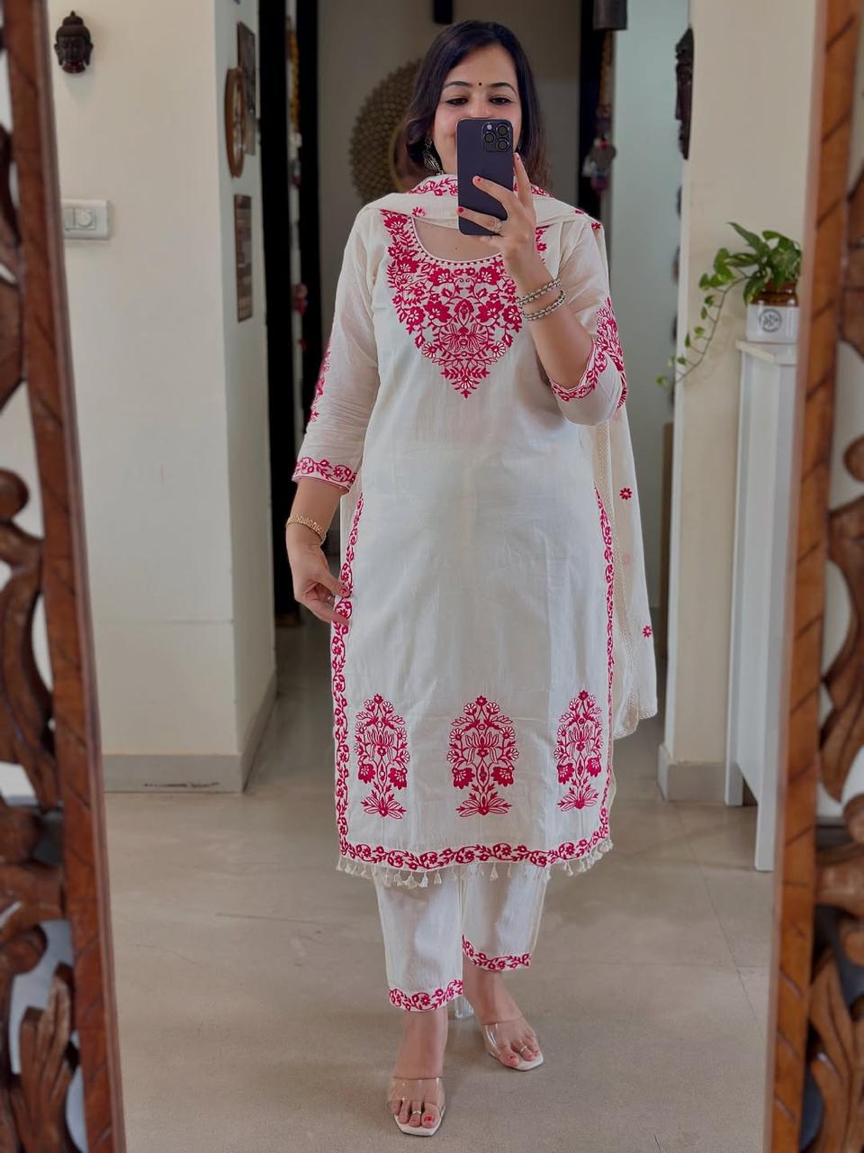 Elegant Cotton Embroidered Suit Set