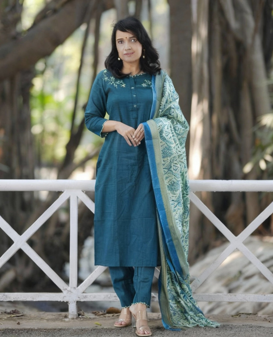 Teal Blue Cotton Flex Embroidered Kurta Pant Set with Chanderi Dupatta