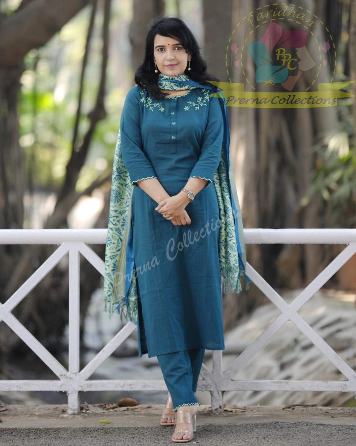 Teal Blue Cotton Flex Embroidered Kurta Pant Set with Chanderi Dupatta