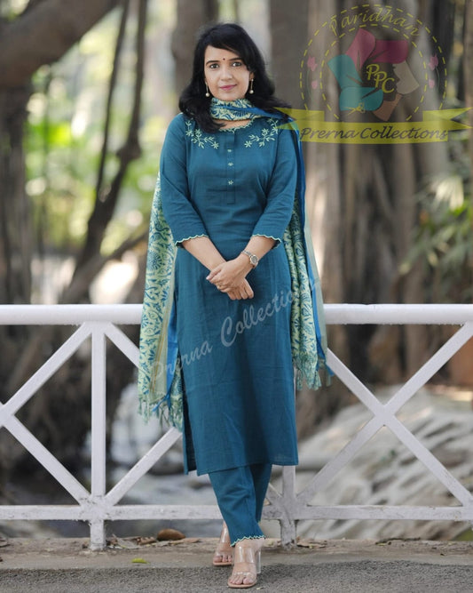 Teal Blue Cotton Flex Embroidered Kurta Pant Set with Chanderi Dupatta