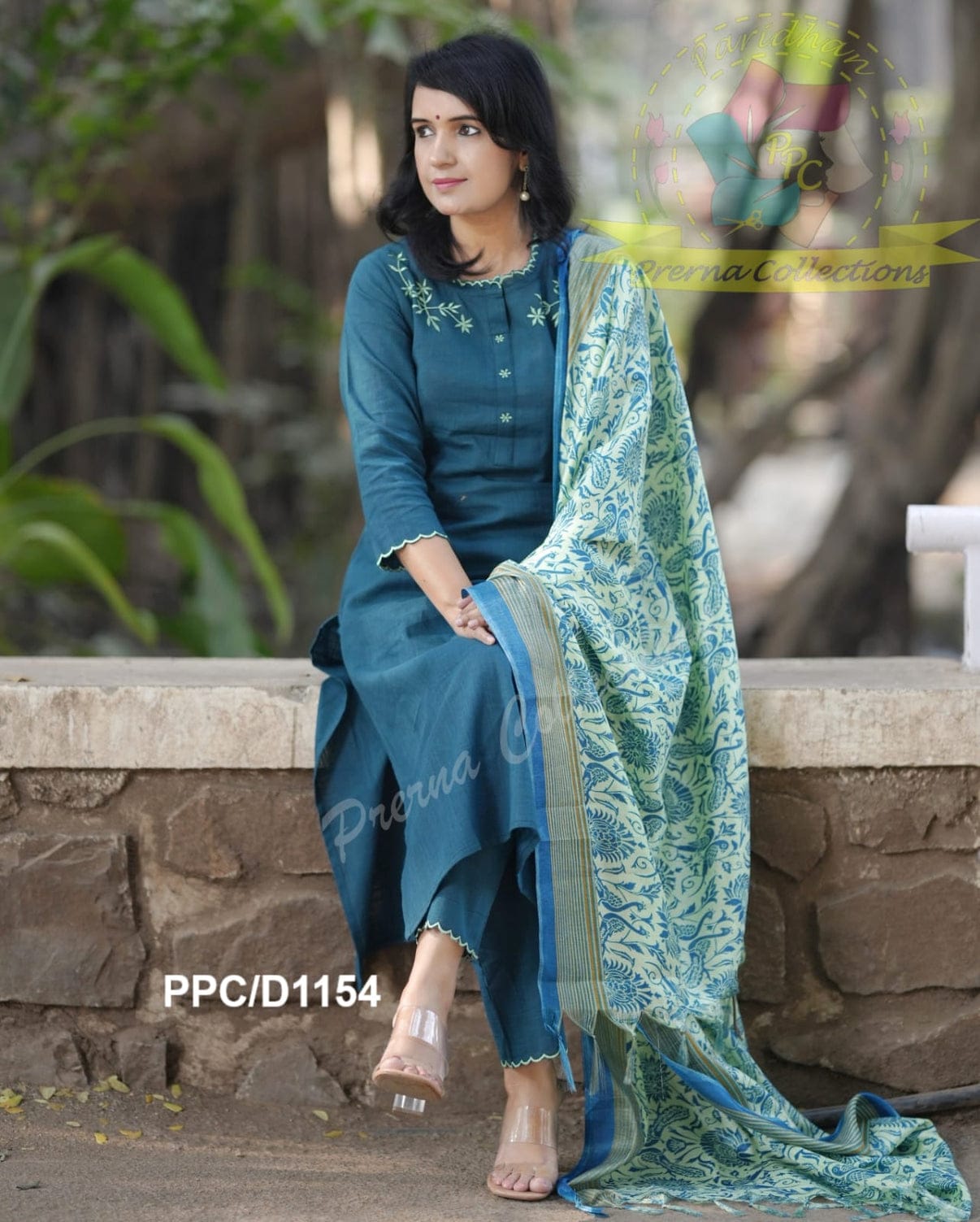 Teal Blue Cotton Flex Embroidered Kurta Pant Set with Chanderi Dupatta