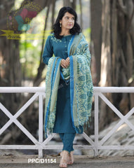 Teal Blue Cotton Flex Embroidered Kurta Pant Set with Chanderi Dupatta