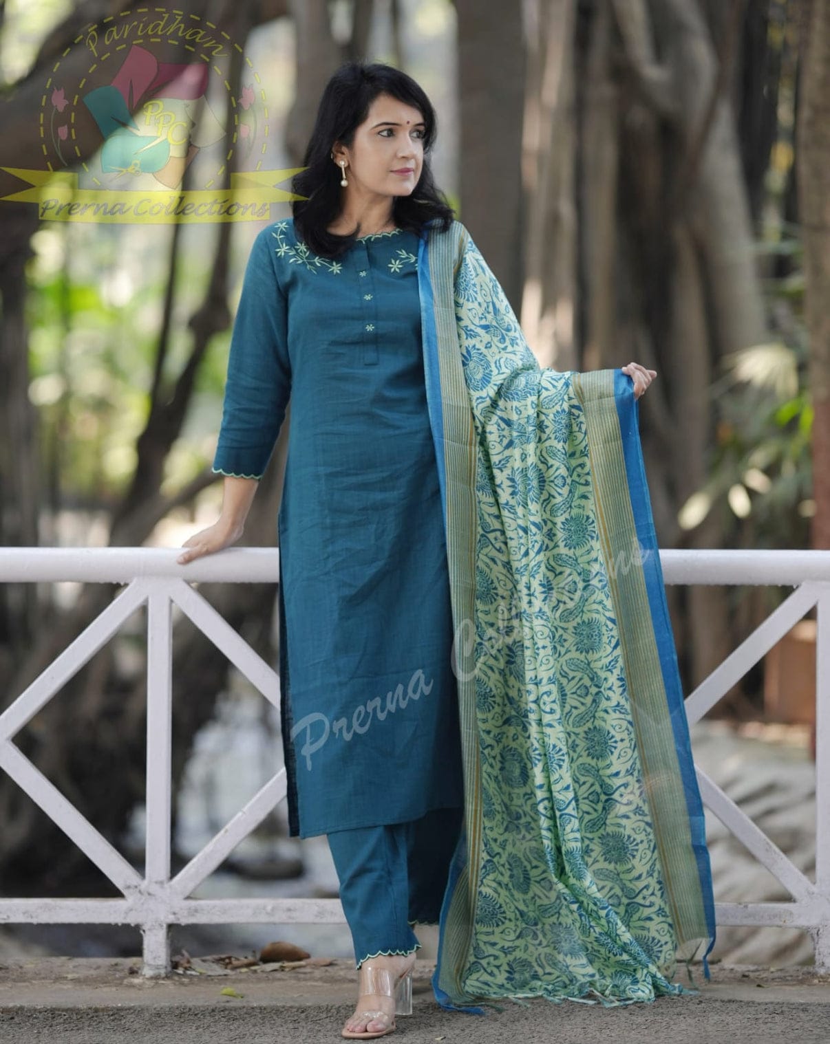 Teal Blue Cotton Flex Embroidered Kurta Pant Set with Chanderi Dupatta