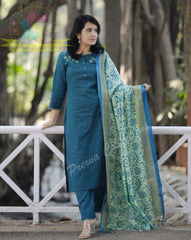 Teal Blue Cotton Flex Embroidered Kurta Pant Set with Chanderi Dupatta