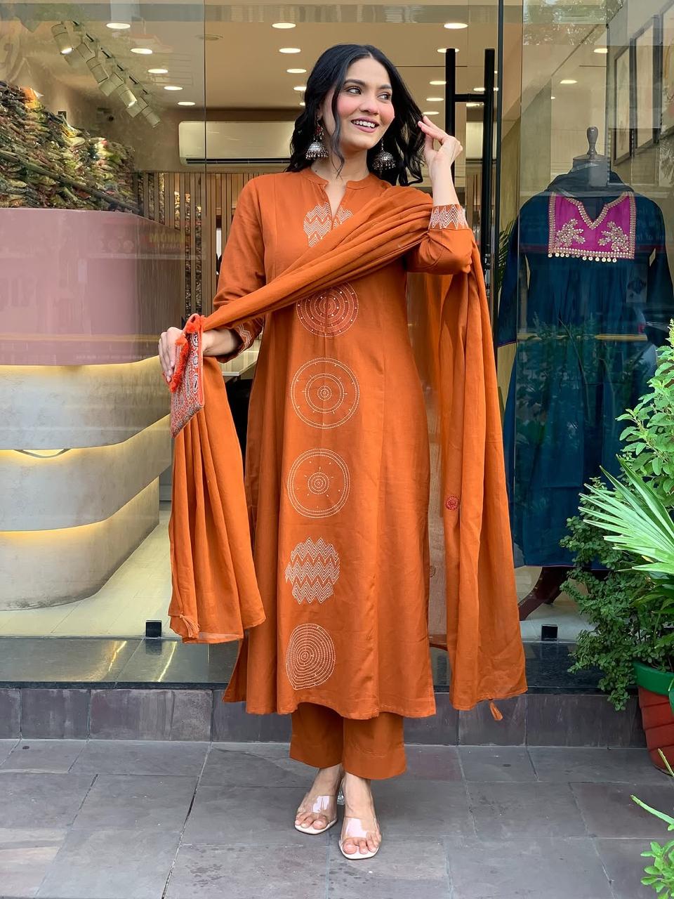 Rust Orange Cotton Embroidered Kurta Pant Set with Malmal Dupatta