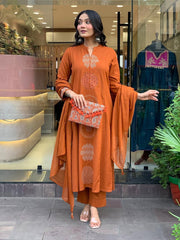 Rust Orange Cotton Embroidered Kurta Pant Set with Malmal Dupatta
