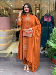 Rust Orange Cotton Embroidered Kurta Pant Set with Malmal Dupatta