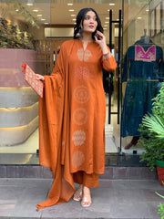 Rust Orange Cotton Embroidered Kurta Pant Set with Malmal Dupatta
