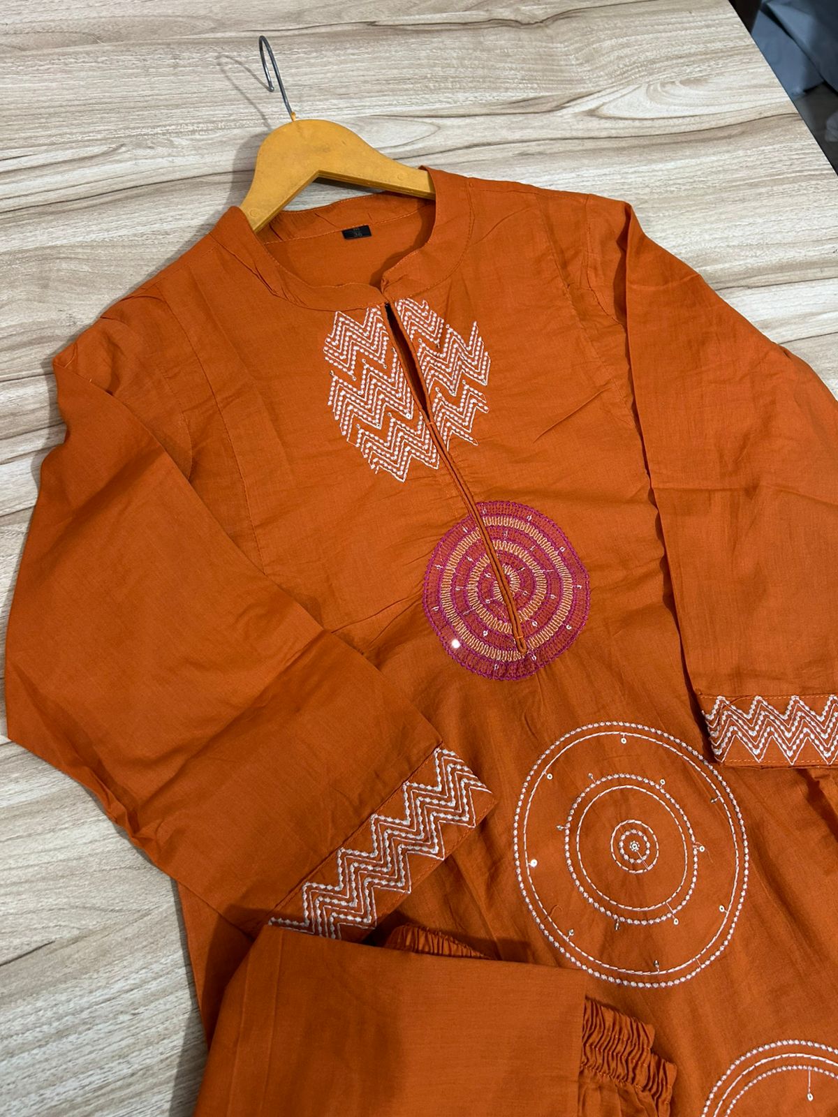 Rust Orange Cotton Embroidered Kurta Pant Set with Malmal Dupatta