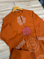 Rust Orange Cotton Embroidered Kurta Pant Set with Malmal Dupatta
