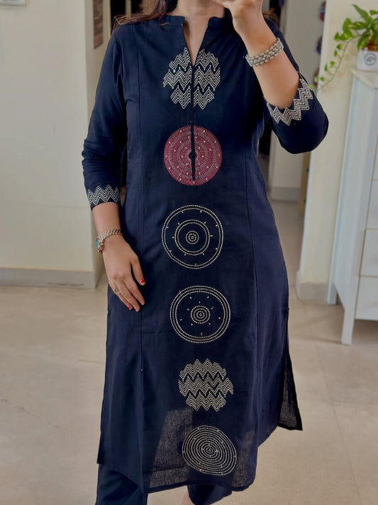Navy Cotton Embroidered Kurta Pant Set with Malmal Dupatta