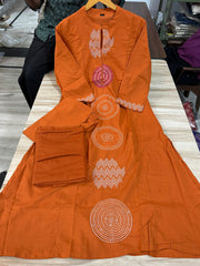 Rust Orange Cotton Embroidered Kurta Pant Set with Malmal Dupatta
