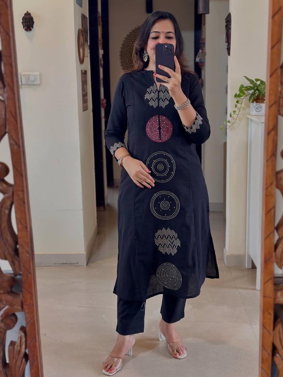 Navy Cotton Embroidered Kurta Pant Set with Malmal Dupatta