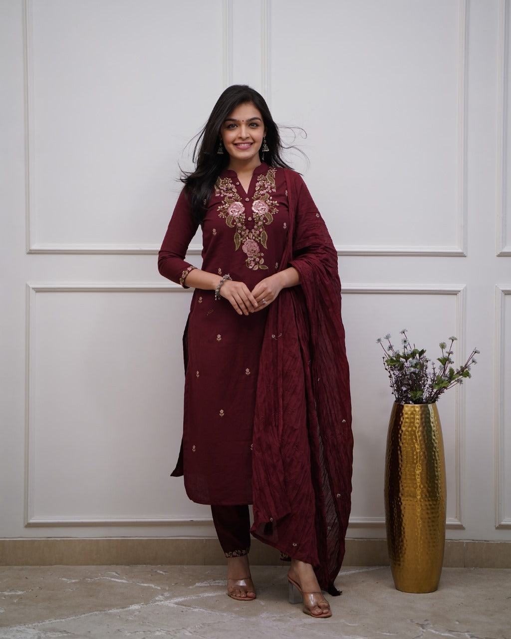 Wine Red Cotton Embroidered Kurta Pant & Dupatta Set
