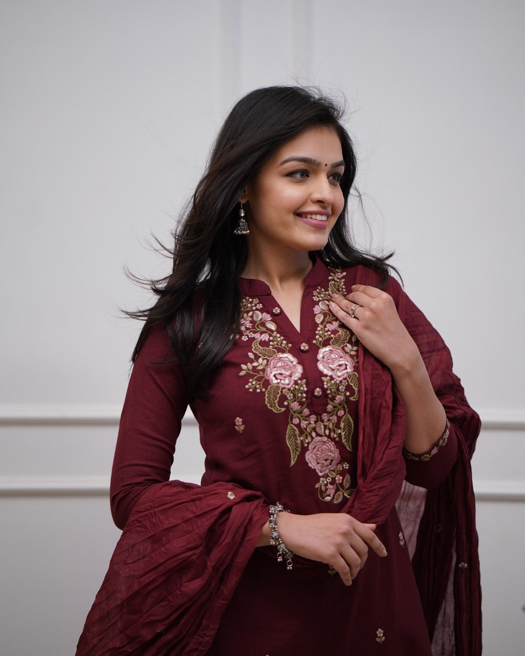Wine Red Cotton Embroidered Kurta Pant & Dupatta Set