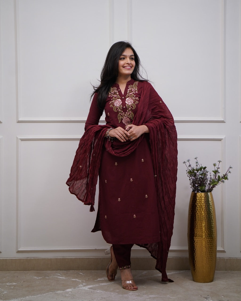 Wine Red Cotton Embroidered Kurta Pant & Dupatta Set