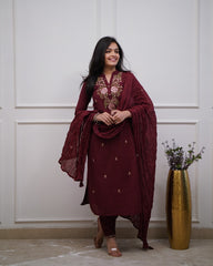 Wine Red Cotton Embroidered Kurta Pant & Dupatta Set