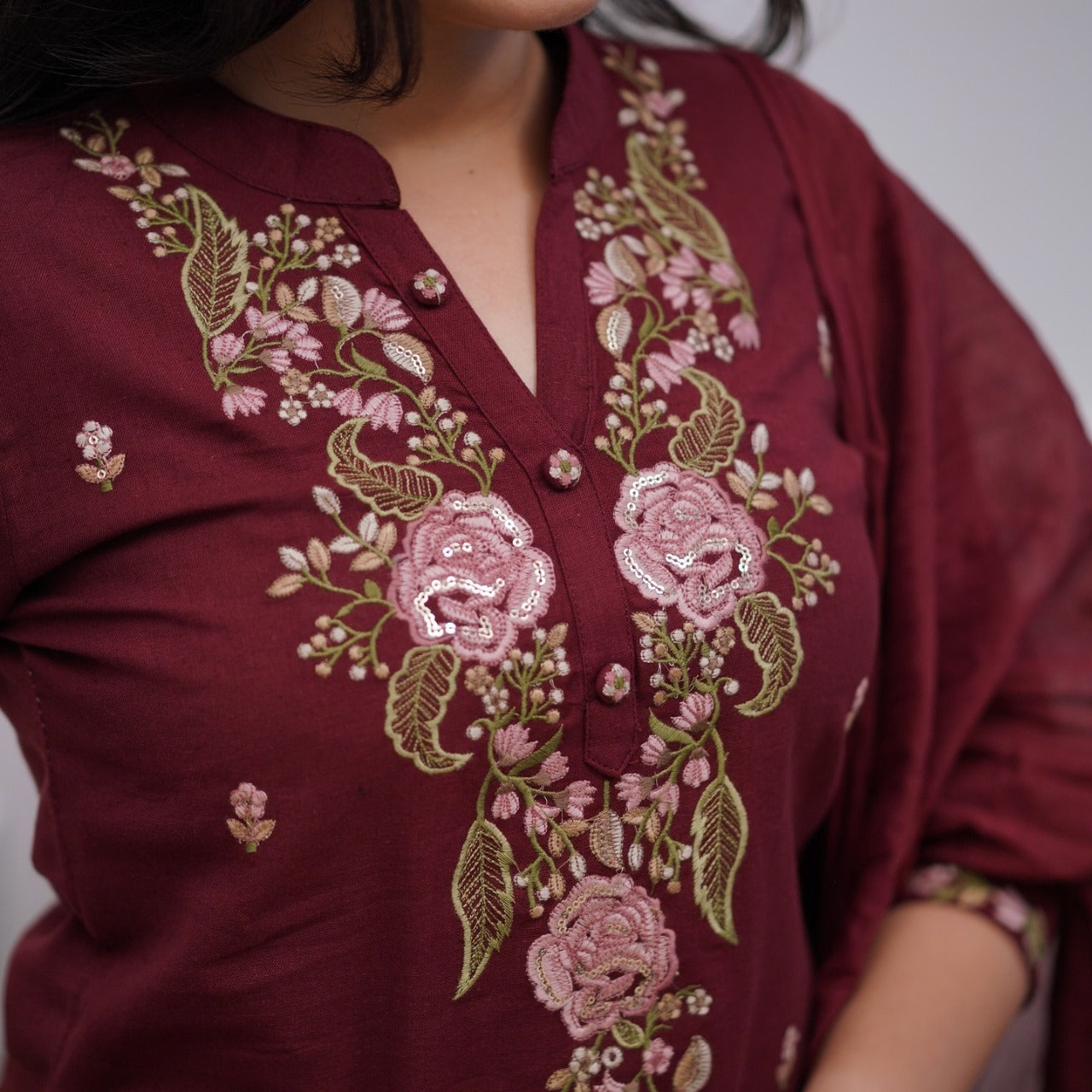 Wine Red Cotton Embroidered Kurta Pant & Dupatta Set