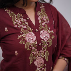 Wine Red Cotton Embroidered Kurta Pant & Dupatta Set