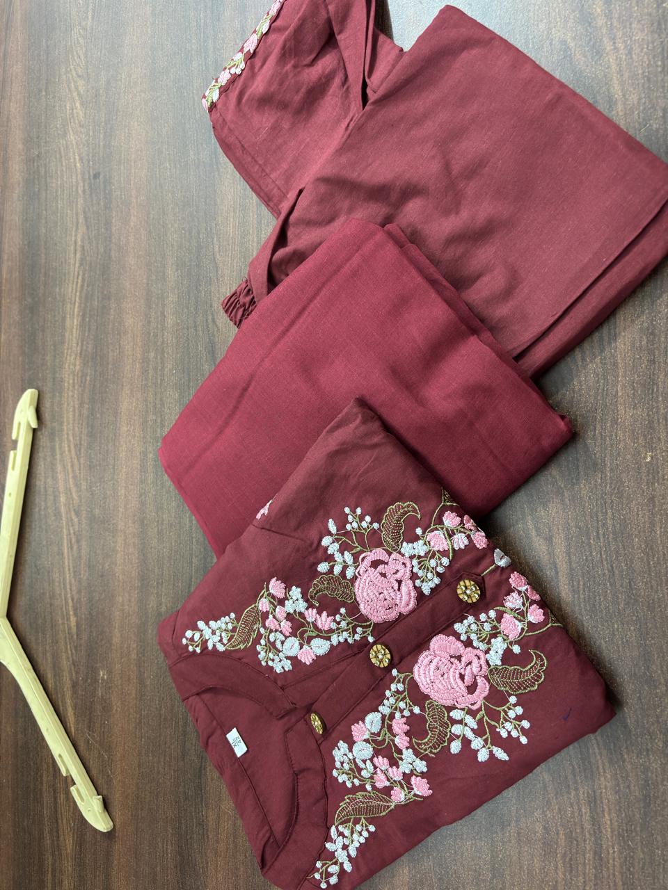 Wine Red Cotton Embroidered Kurta Pant & Dupatta Set
