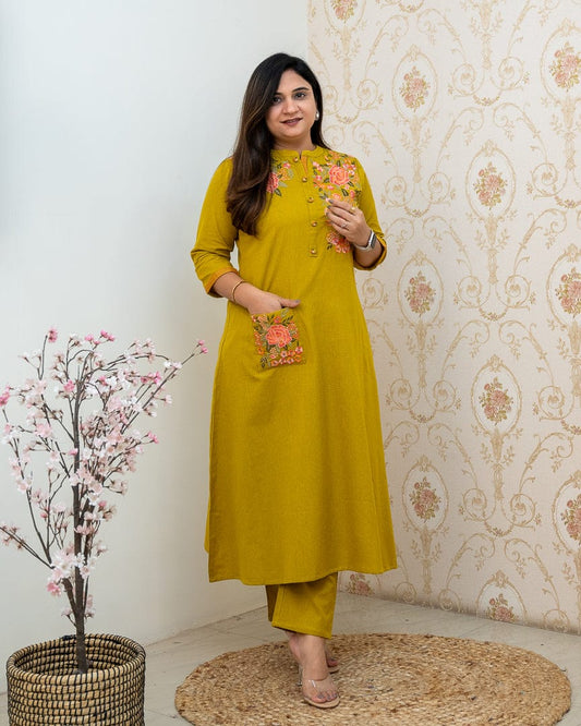 Mustard Embroidered Cotton Kurta Pant Set