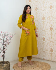 Mustard Embroidered Cotton Kurta Pant Set