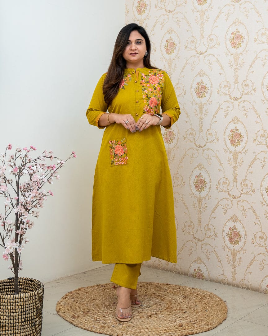 Mustard Embroidered Cotton Kurta Pant Set