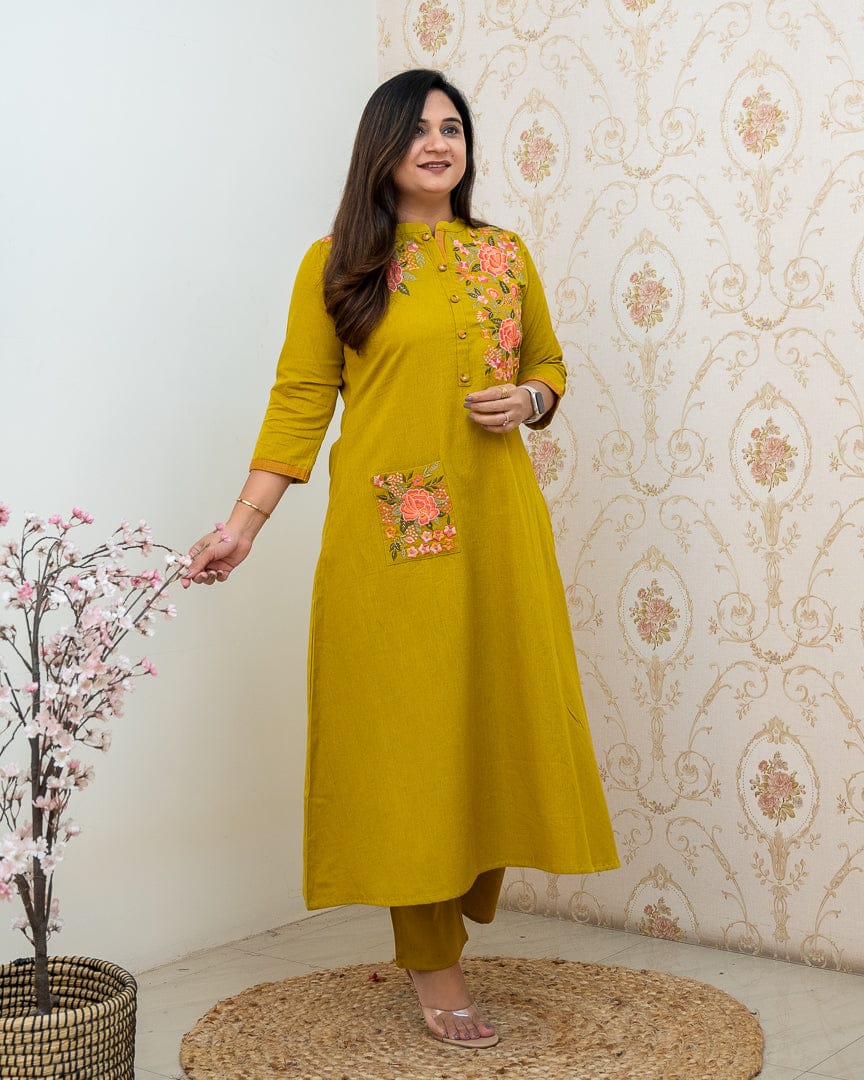 Mustard Embroidered Cotton Kurta Pant Set