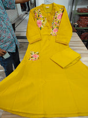 Mustard Embroidered Cotton Kurta Pant Set