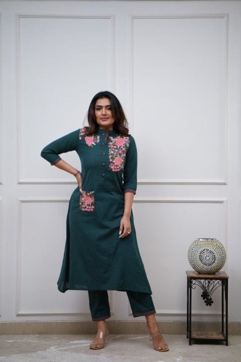 Teal Blue Cotton Embroidered Kurta Pant Set