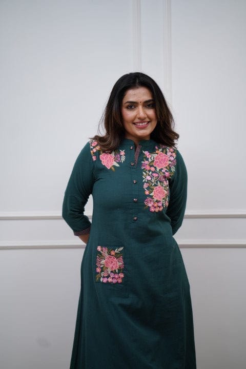 Teal Blue Cotton Embroidered Kurta Pant Set
