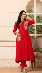 Red Cotton Embroidered Kurta Pant Set