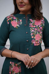 Teal Blue Cotton Embroidered Kurta Pant Set