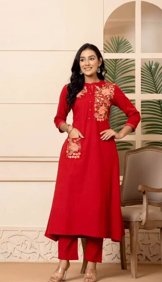 Red Cotton Embroidered Kurta Pant Set