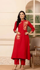 Red Cotton Embroidered Kurta Pant Set