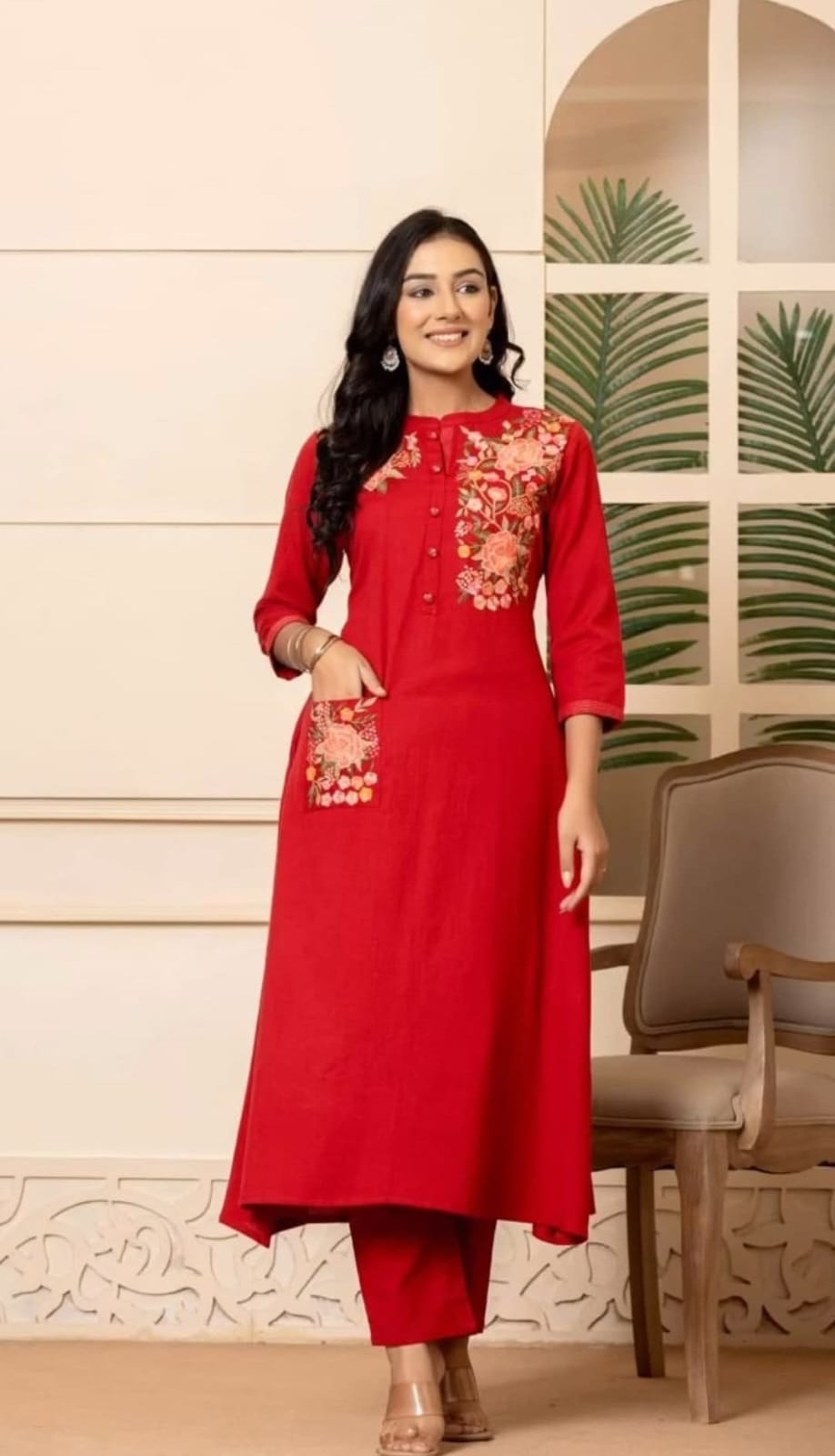 Red Cotton Embroidered Kurta Pant Set
