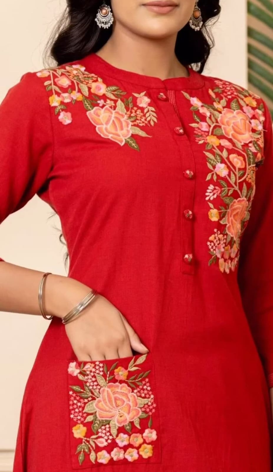 Red Cotton Embroidered Kurta Pant Set