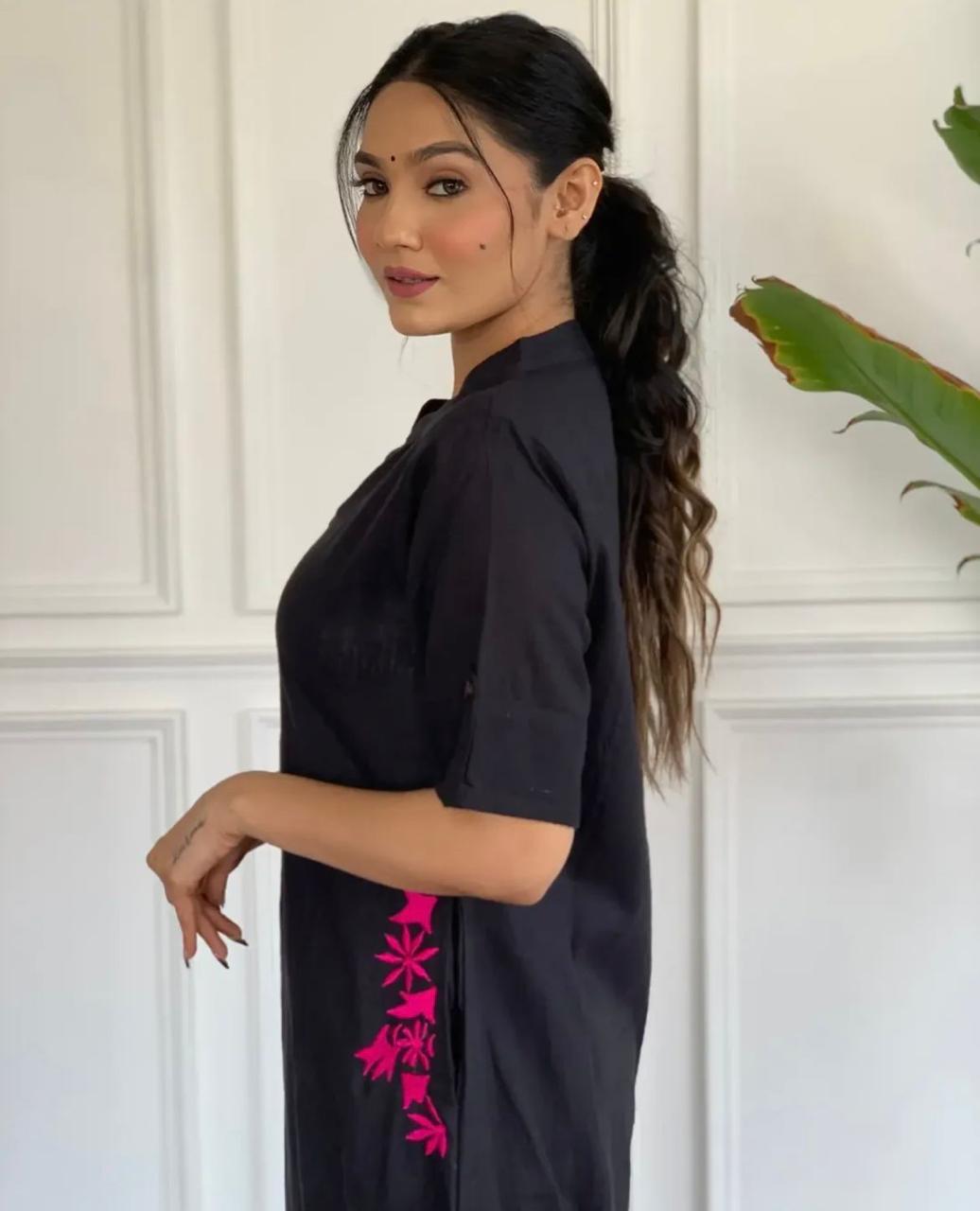 Navy Blue Cotton Slub Embroidered Co-ord Set